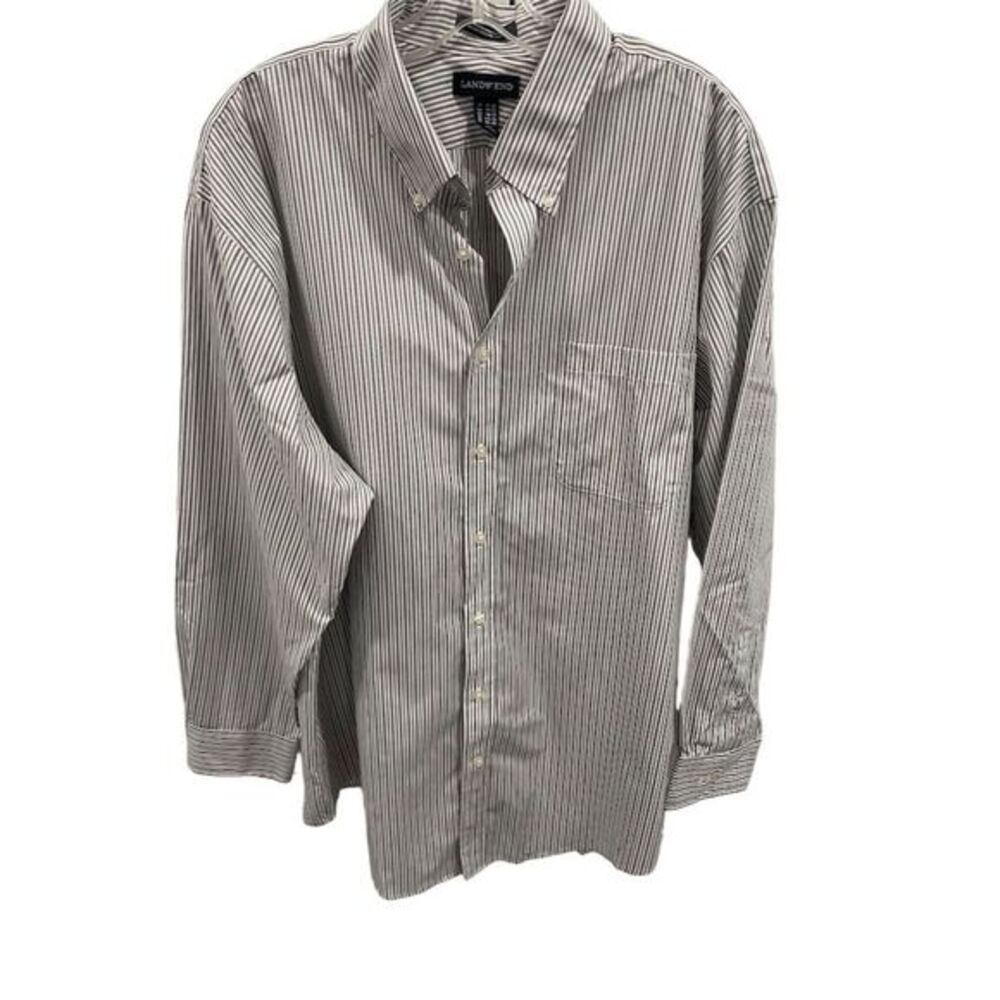 Lands'‎ End Men's White Striped Dress Shirt Size 18x35 Long Sleeve Button-Down